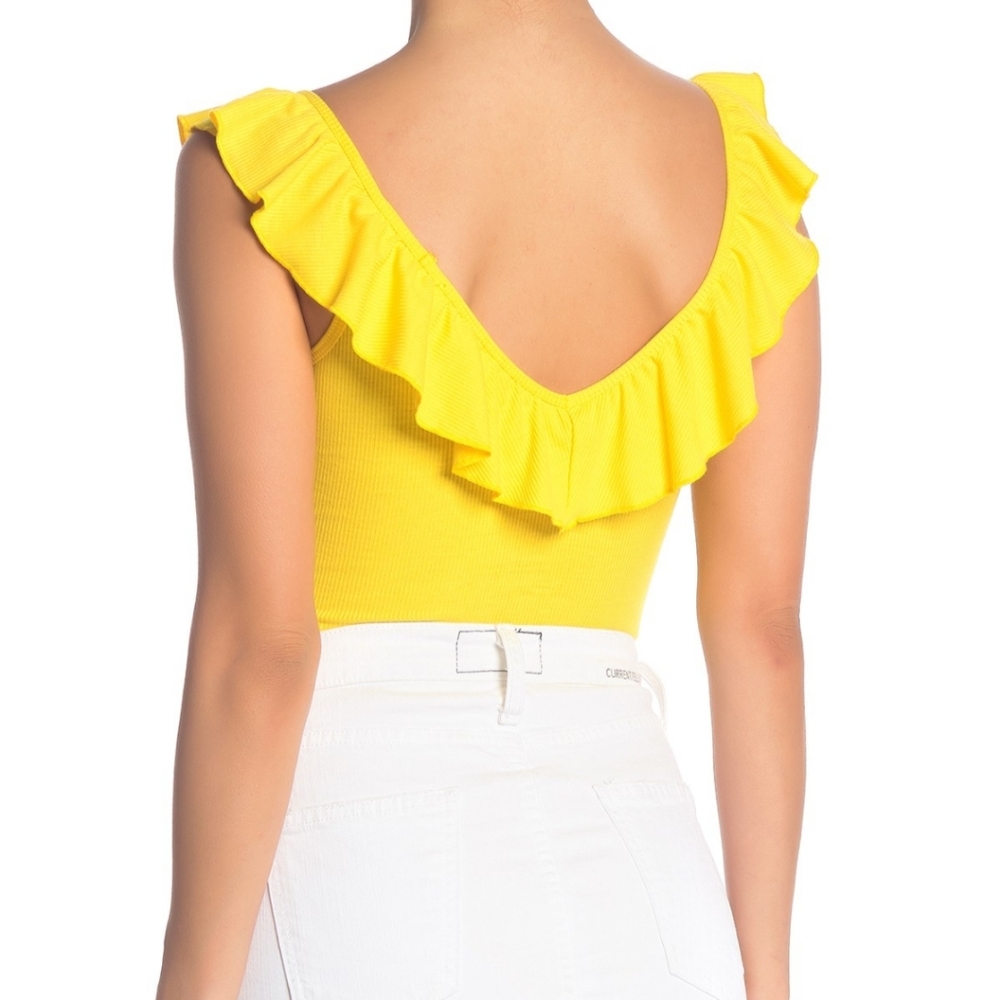 Socialite Yellow Ribbed Ruffle Bodysuit - Picture 2 of 8
